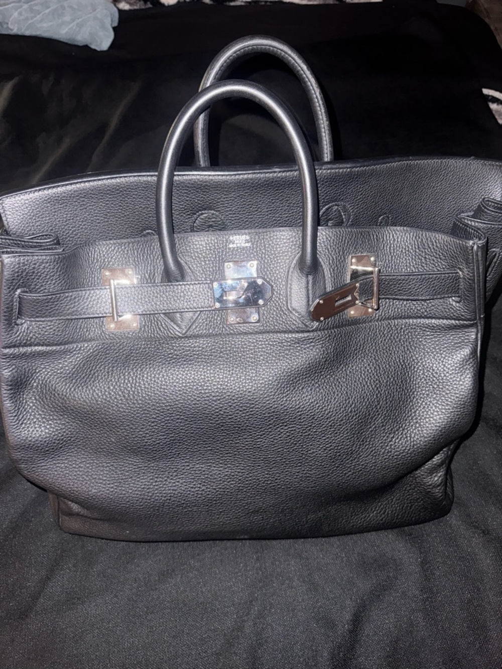 Hermes Black Textured Leather Duffel with Silver Hardware
